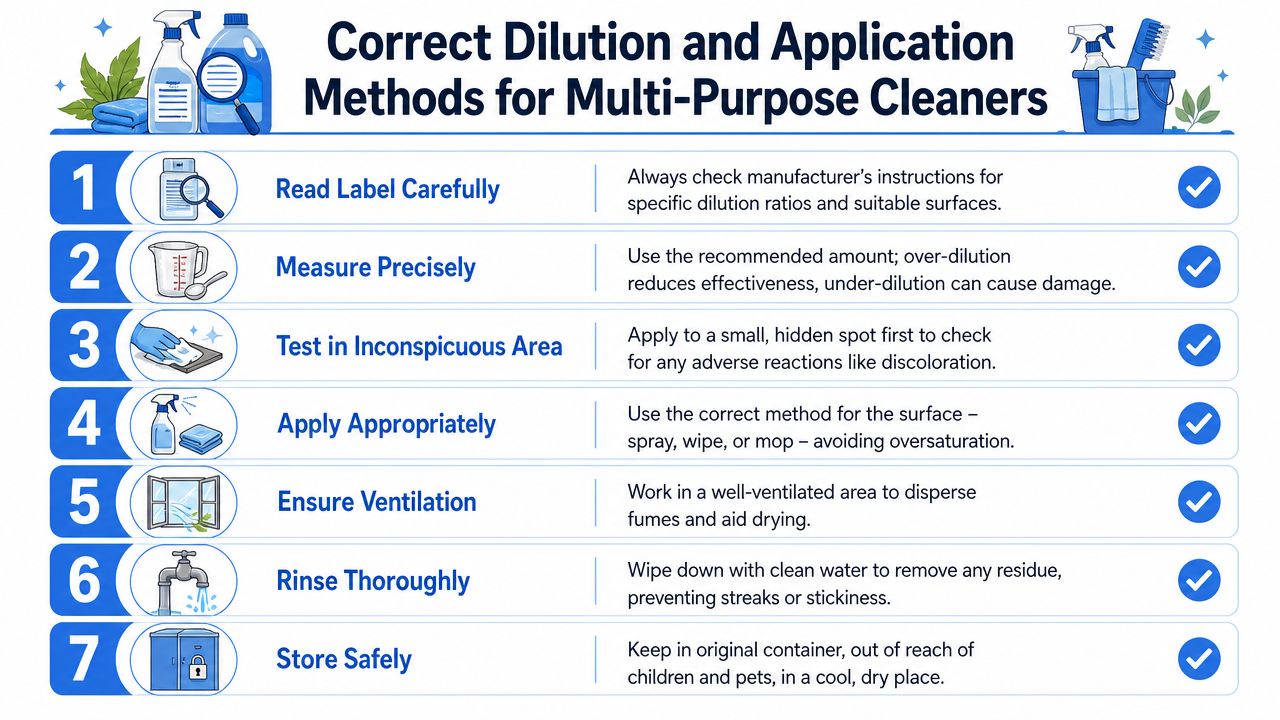 An infographic showing seven numbered steps for the correct dilution and application methods of multi-purpose cleaning liquids.