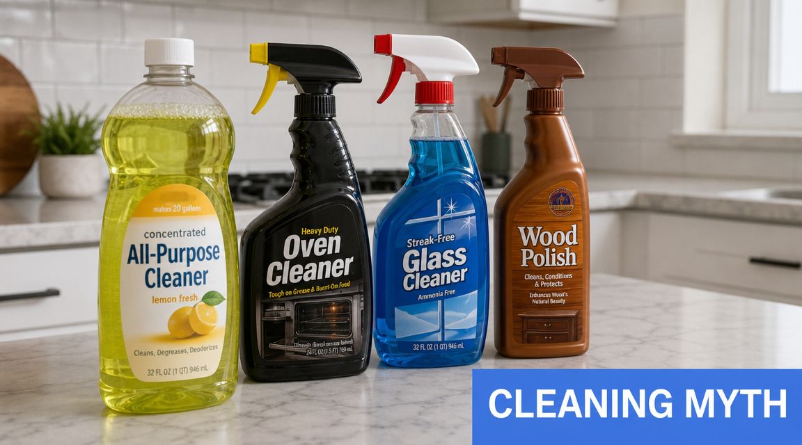 Four different bottles of household cleaning products, including glass, wood, and all-purpose cleaners on a kitchen counter.
