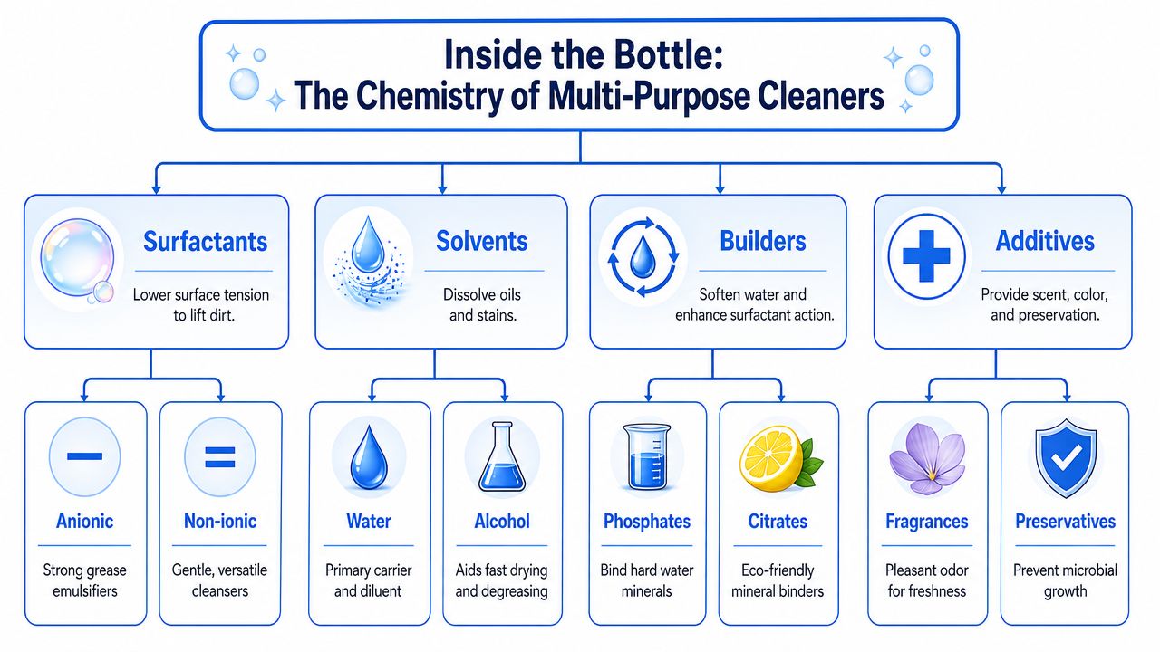An infographic titled Inside the Bottle explaining the chemical components of multi-purpose cleaners including surfactants, solvents, builders, and additives.