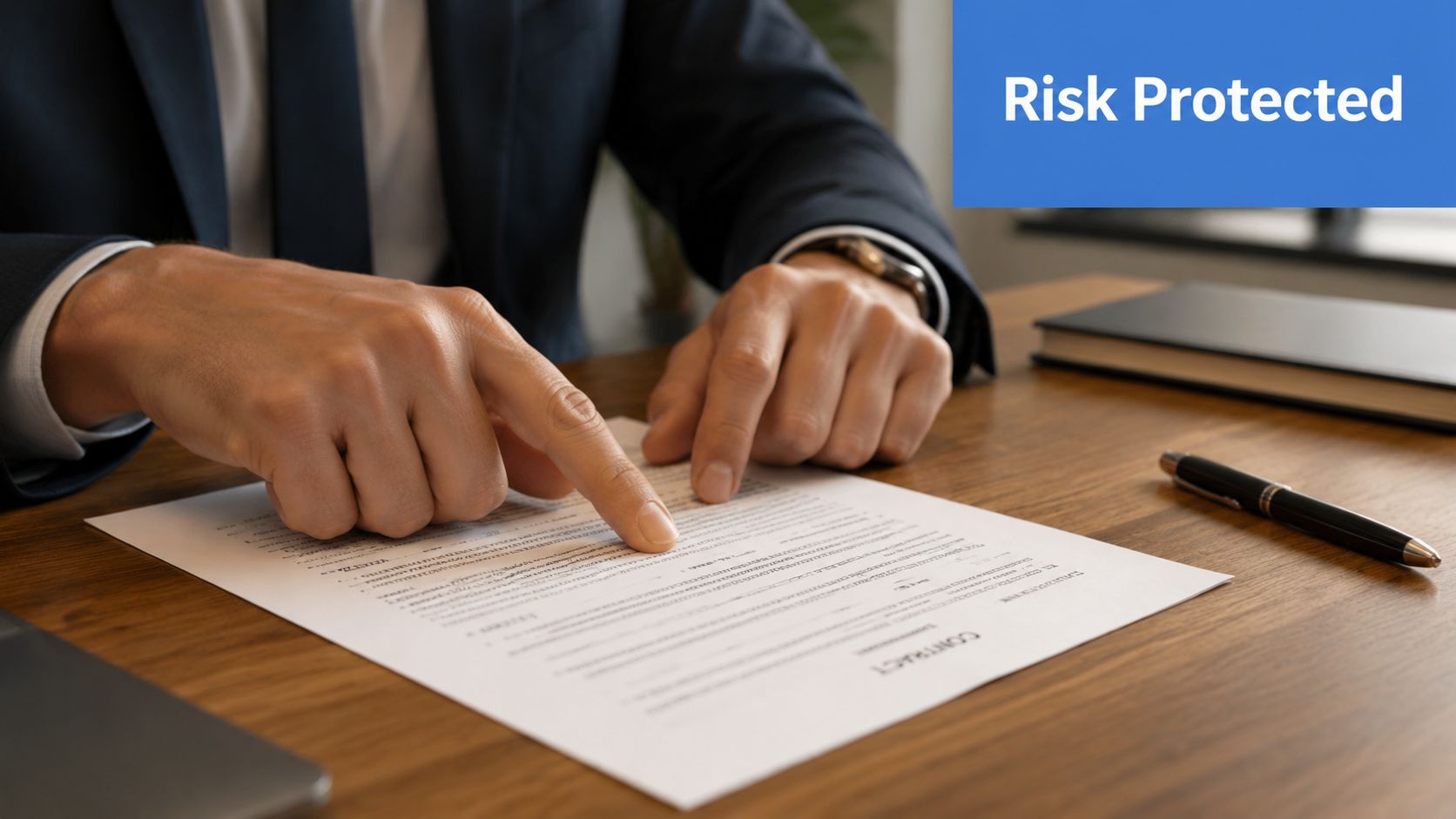 A professional in a business suit pointing at a contract on a wooden office desk.