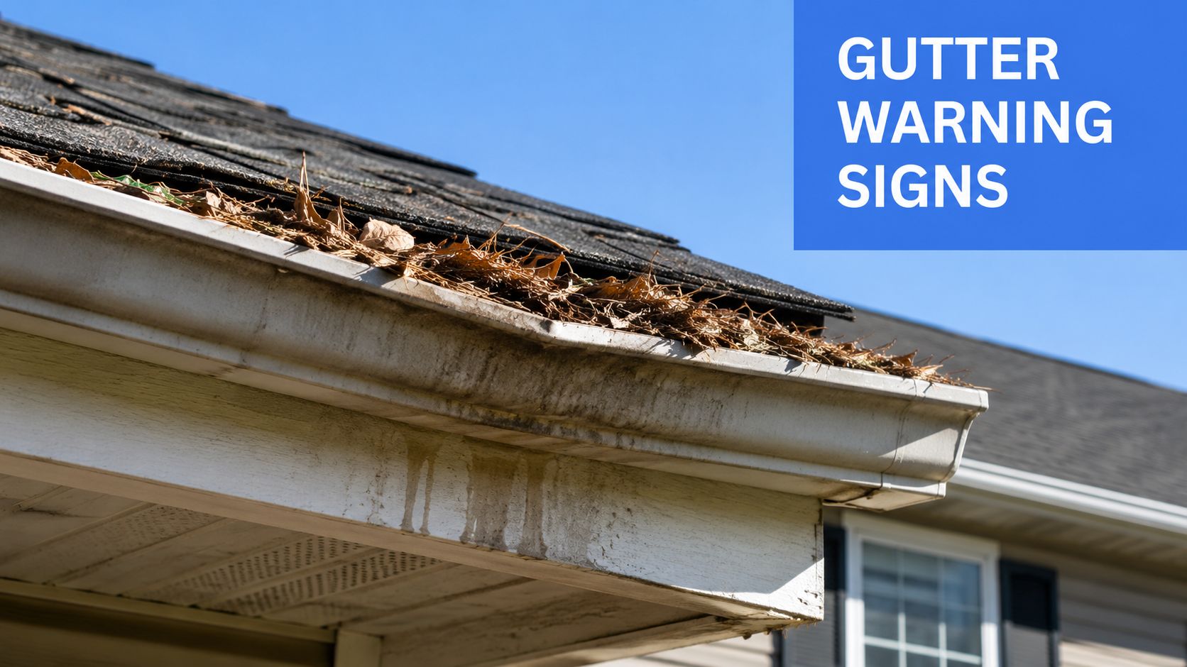 A close-up view of a house roof gutter filled with dried leaves and debris needing cleaning.
