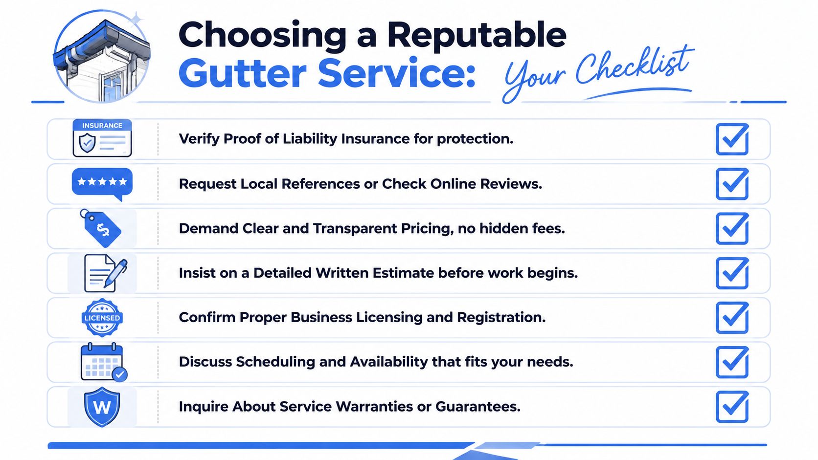 A checklist infographic titled Choosing a Reputable Gutter Service, highlighting seven essential steps for hiring contractors.