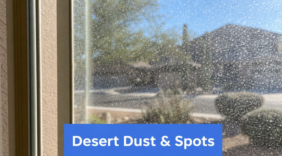 A dirty glass window covered in desert dust spots looking out toward a suburban Arizona neighborhood.