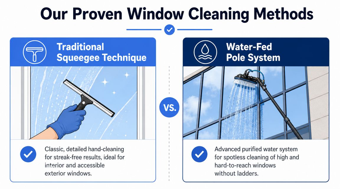An infographic comparing traditional squeegee window cleaning with the modern water-fed pole cleaning system method.