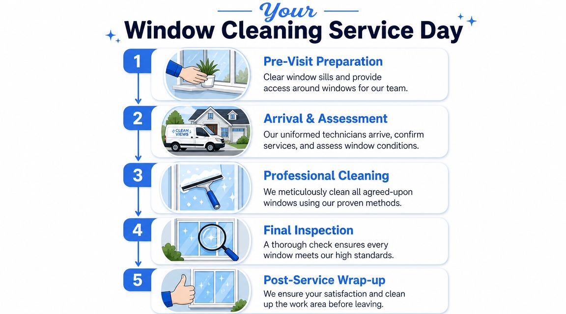A step-by-step infographic illustrating the five stages of a professional window cleaning service day.
