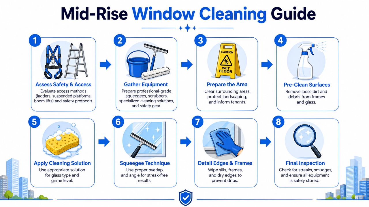 An infographic detailing an eight-step professional guide for cleaning windows on mid-rise commercial buildings.