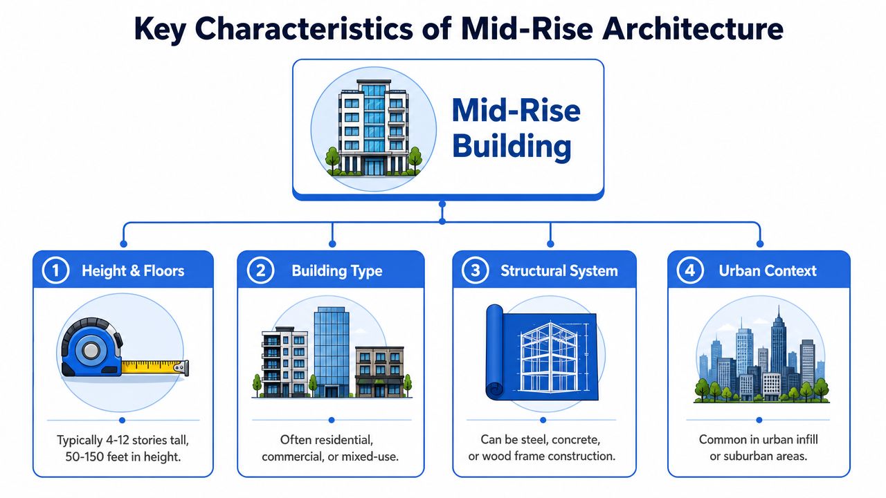 An infographic showing the four key characteristics of mid-rise buildings, including height, type, structure, and location.