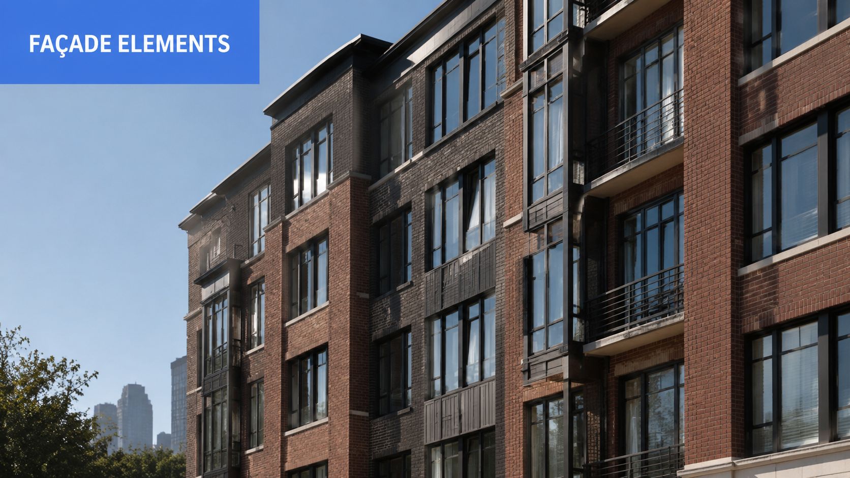 A modern multi-story residential mid-rise building featuring a classic red brick and dark gray panel facade.