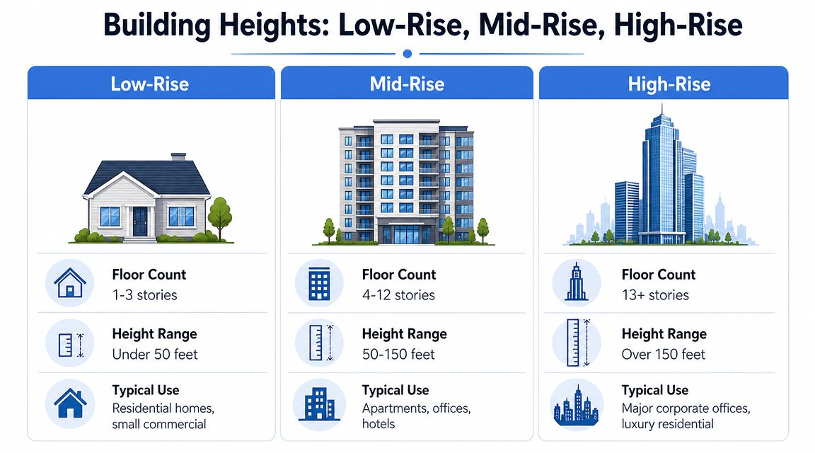 An infographic illustrating building height categories including low-rise, mid-rise, and high-rise structures with their specifications.