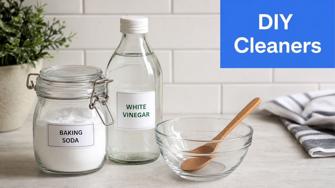 A glass jar of baking soda and a bottle of white vinegar on a kitchen counter.