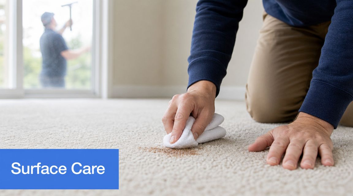 A person kneeling on a light carpet, carefully dabbing a stain with a white cloth.