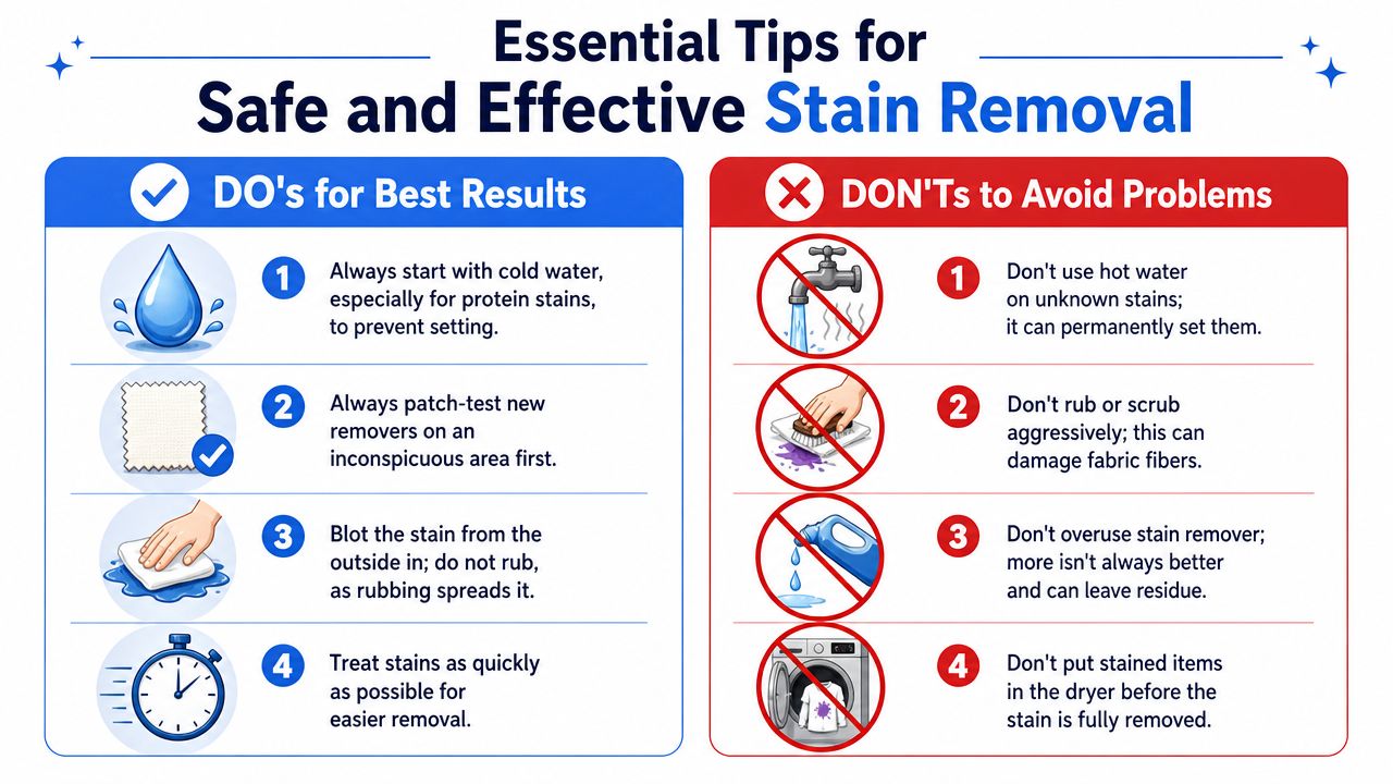 An infographic titled Essential Tips for Safe and Effective Stain Removal showing four do's and four don'ts.