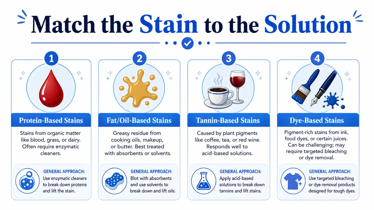 A diagram illustrating how to remove different types of stains using specific cleaning solutions and methods.