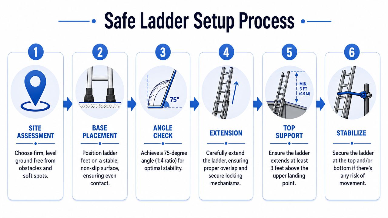 An instructional infographic detailing the six-step process for safely setting up an extension ladder on a job site.