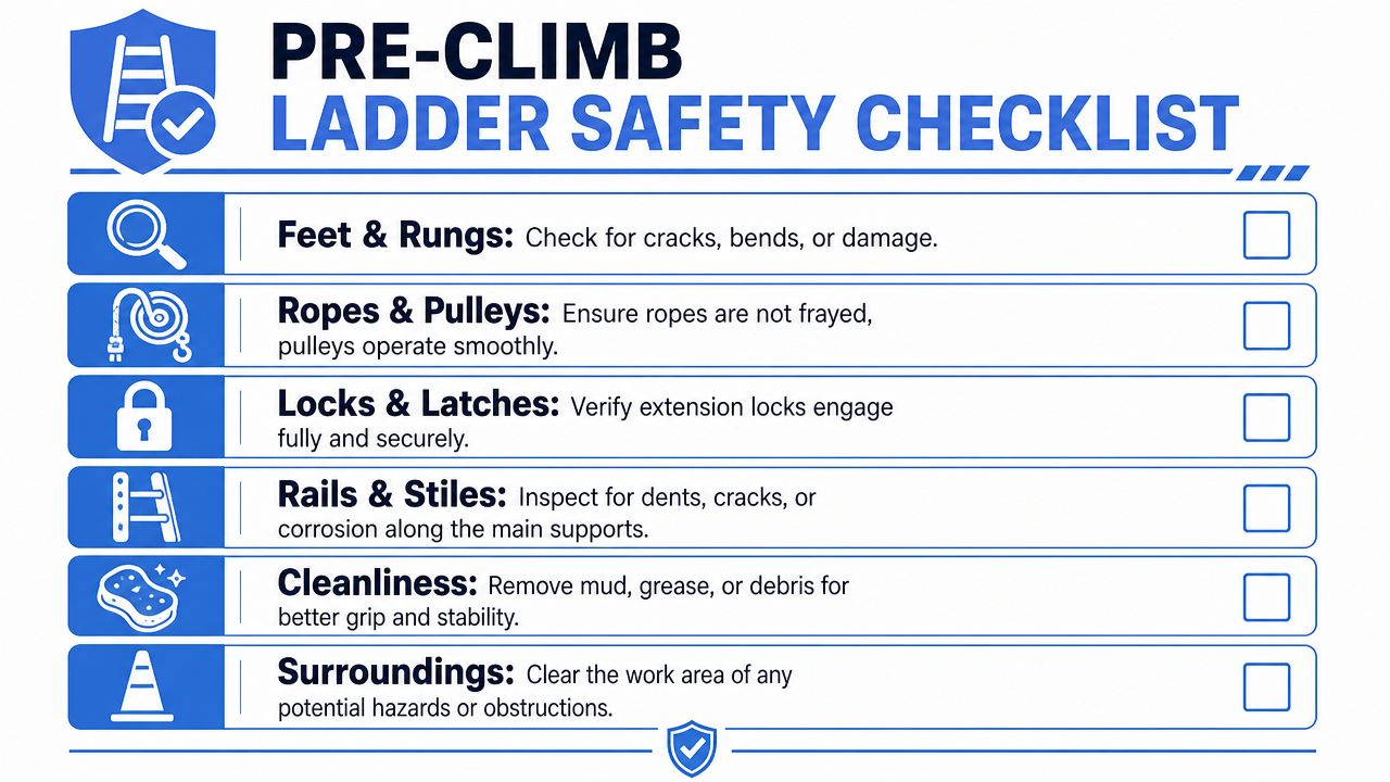 A safety checklist graphic illustrating essential pre-climb inspection steps for maintaining and using ladders safely.