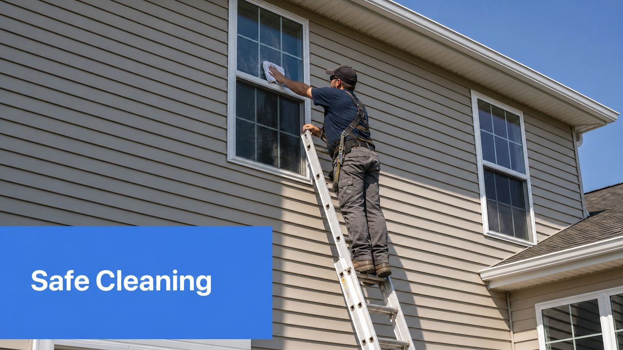 A professional window cleaner wearing a safety harness stands on an extension ladder cleaning house windows.
