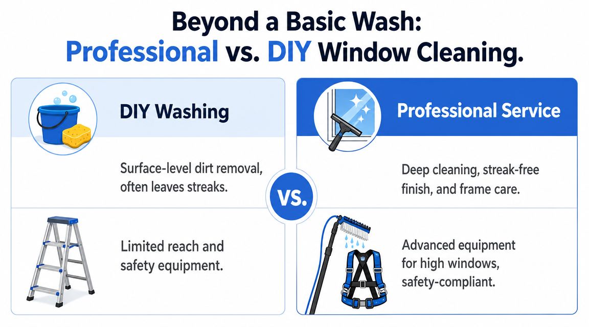 A comparison graphic between DIY window washing using a bucket and ladder versus professional service cleaning.