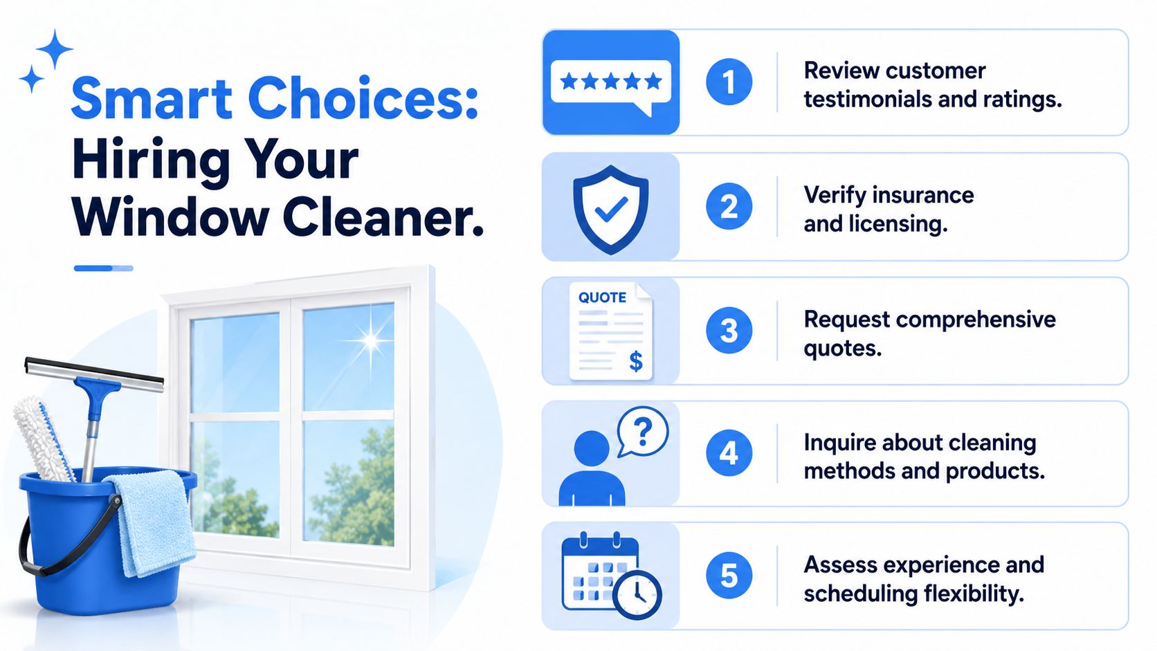 A helpful infographic showing five important steps for hiring professional local window cleaning services.