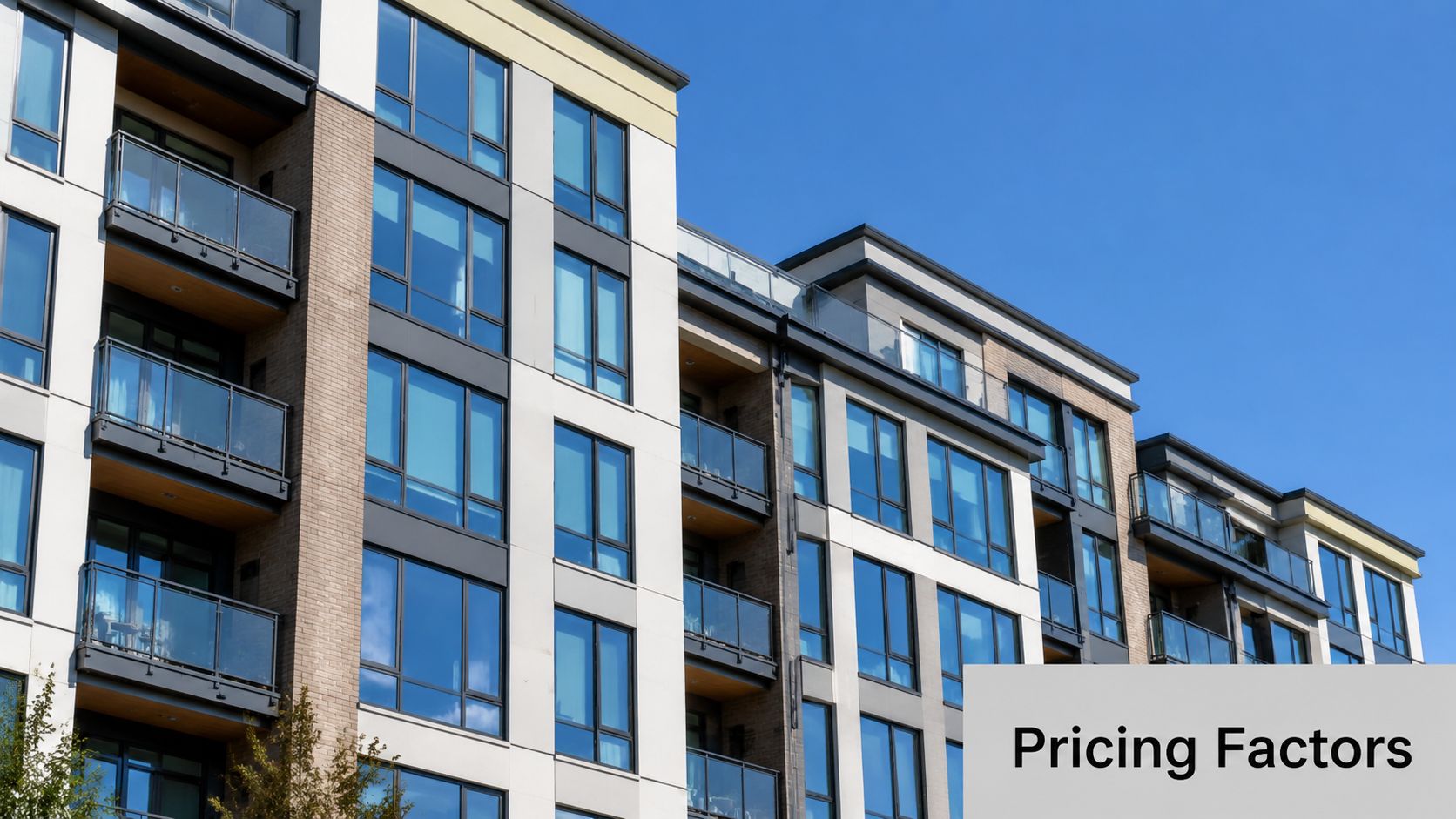 A modern multi-story apartment building with glass balconies against a clear blue sky background.