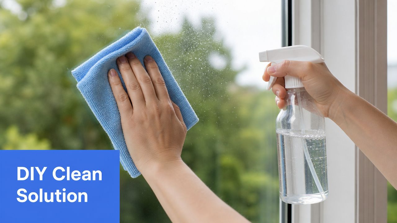 A person cleaning a window with a blue microfiber cloth and a spray bottle of cleaner.