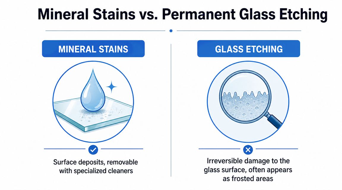 A comparison chart showing the difference between removable mineral stains and permanent damage from glass etching.