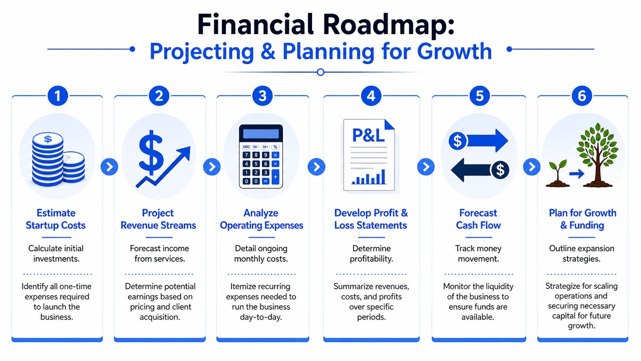 A six-step financial roadmap infographic illustrating the essential stages for projecting and planning business growth.