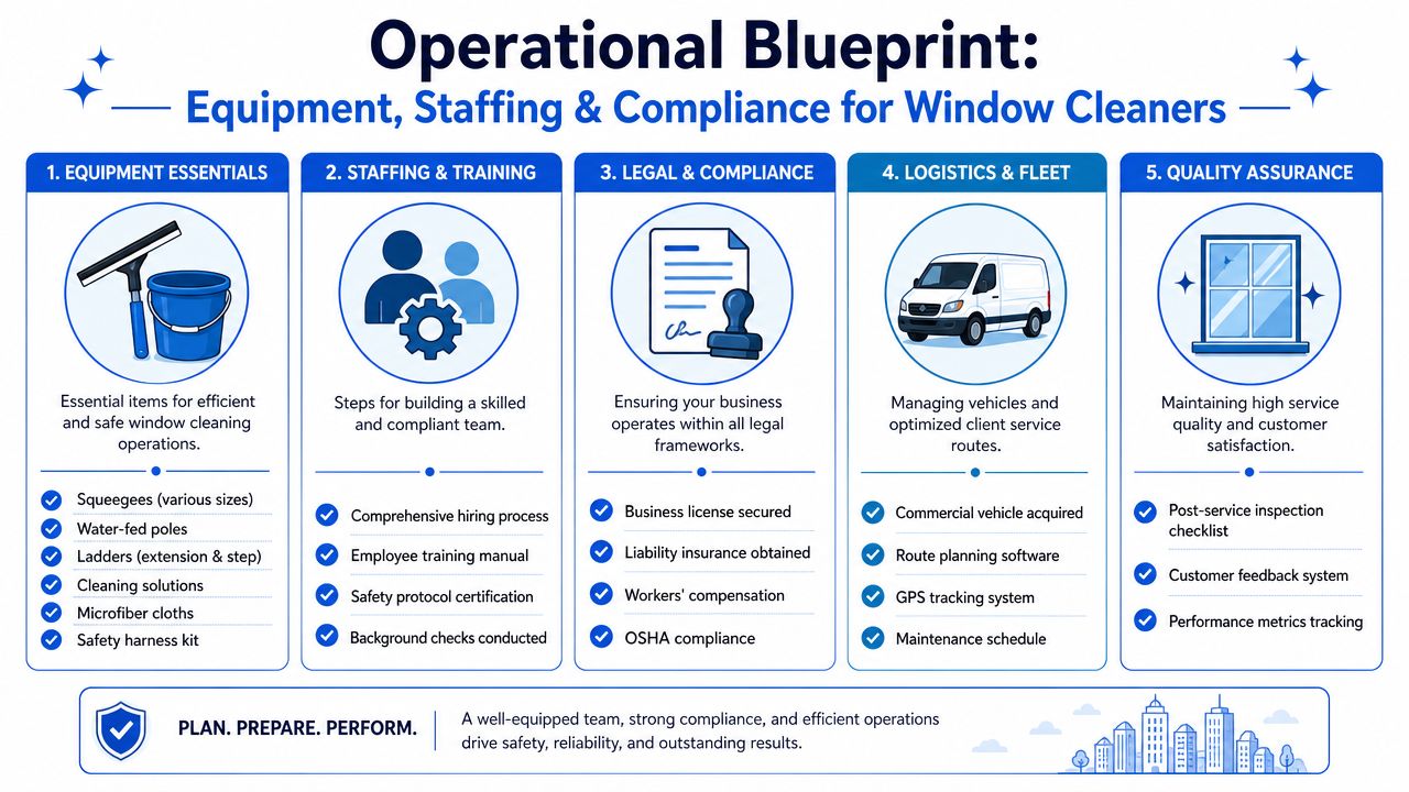 An operational blueprint infographic outlining equipment, staffing, compliance, logistics, and quality assurance for window cleaning businesses.