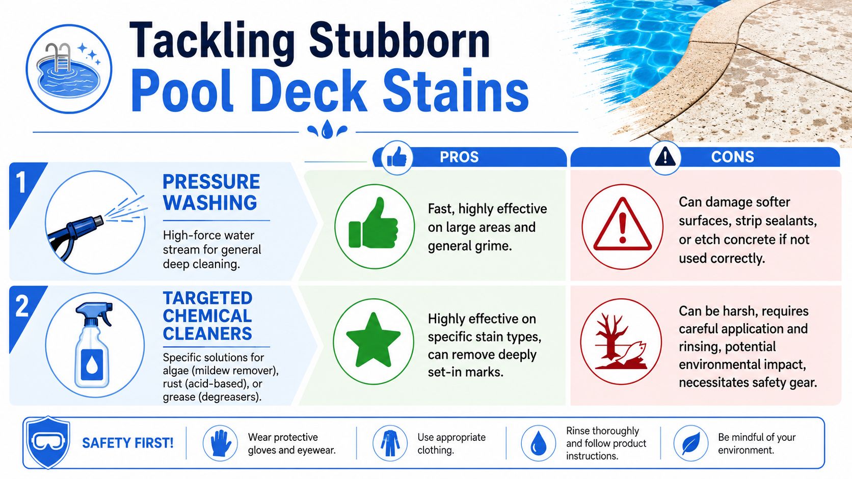 An infographic showing pressure washing and chemical cleaners as effective methods for cleaning pool deck stains.