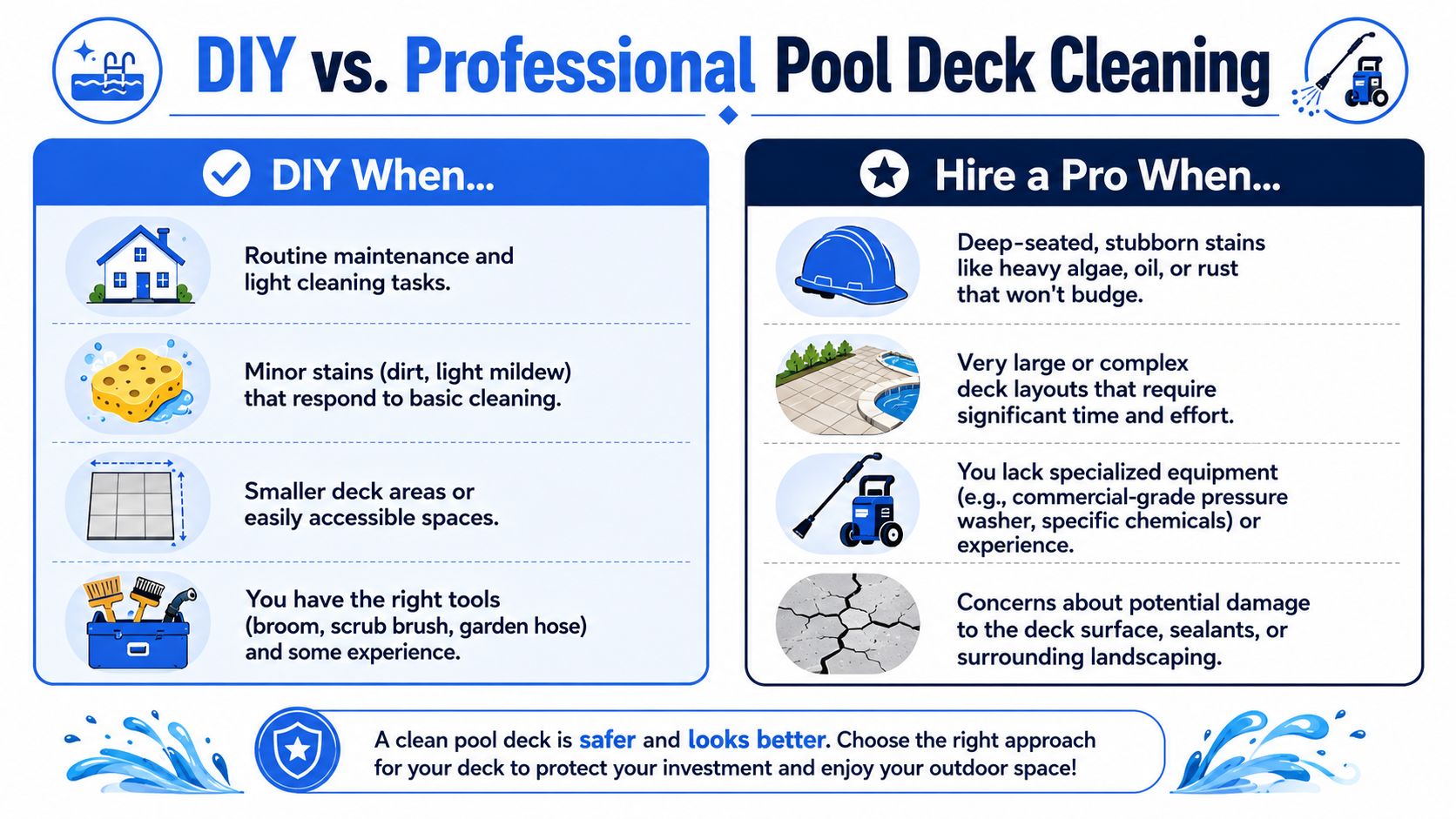 A comparison chart showing when to clean a pool deck yourself versus hiring a professional service provider.