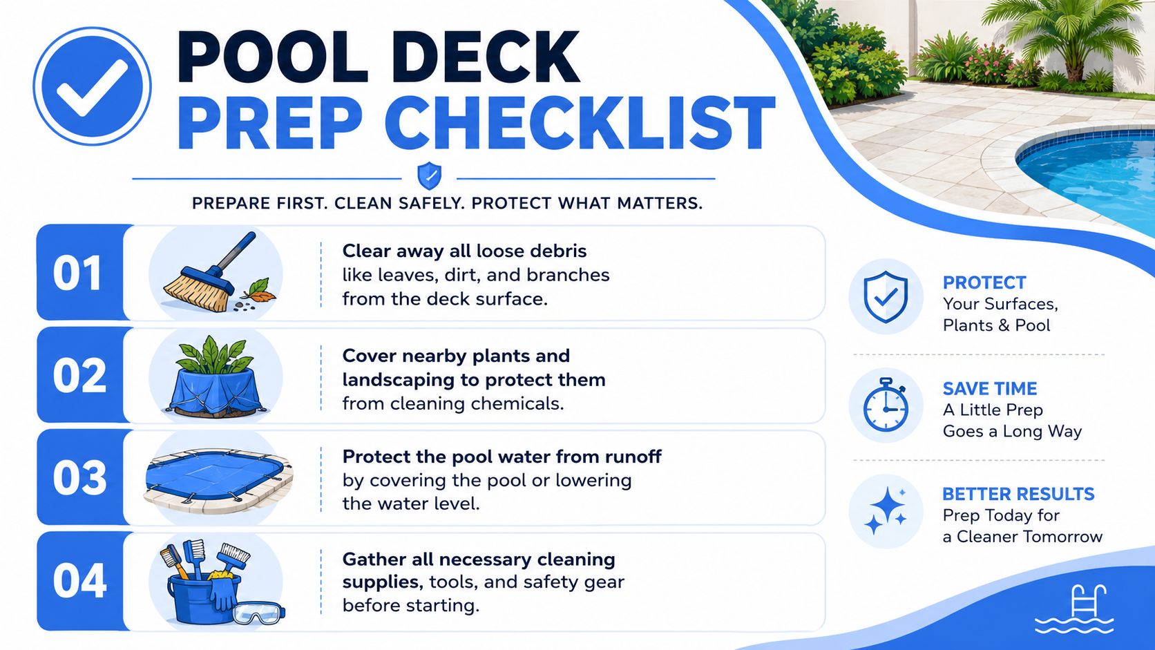 A four-step pool deck prep checklist showing instructions to clean and protect your deck and pool area.