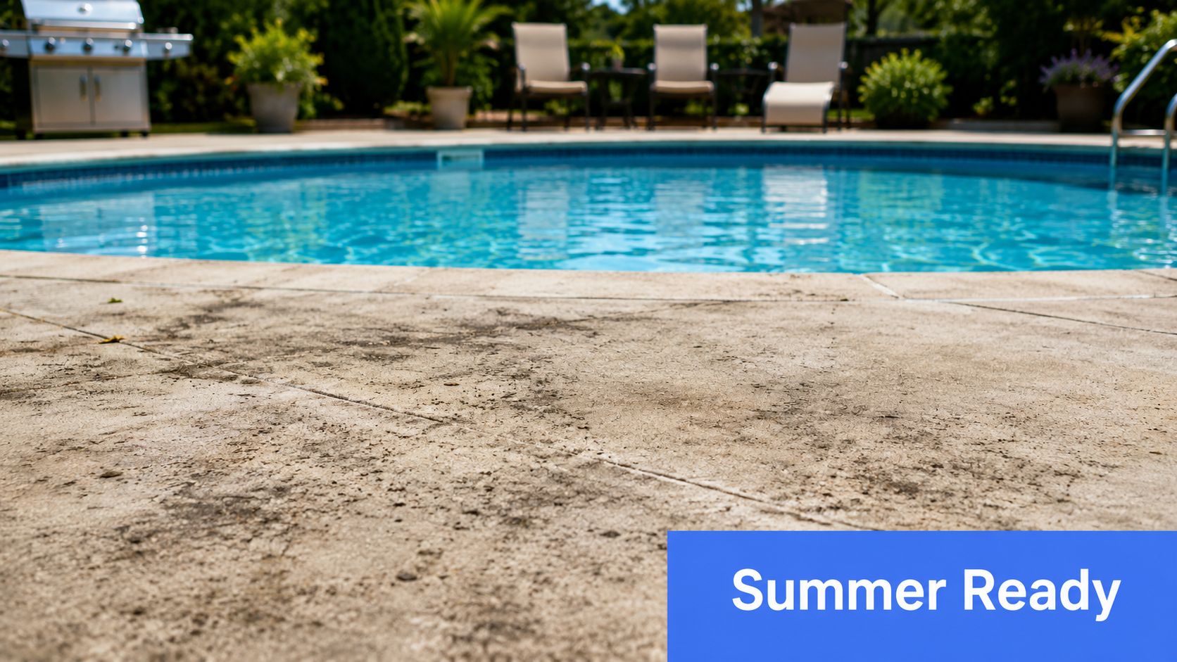 A dirty swimming pool deck next to a clear blue pool on a sunny summer afternoon.