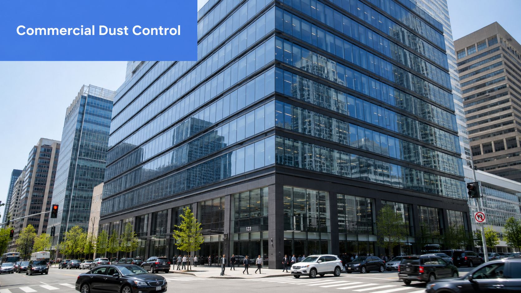 A large modern glass office building located on a busy city street with cars and pedestrians.