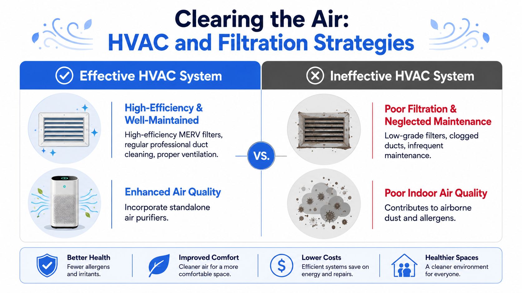 A comparison infographic showing how effective HVAC systems and proper air filtration contribute to cleaner indoor air.