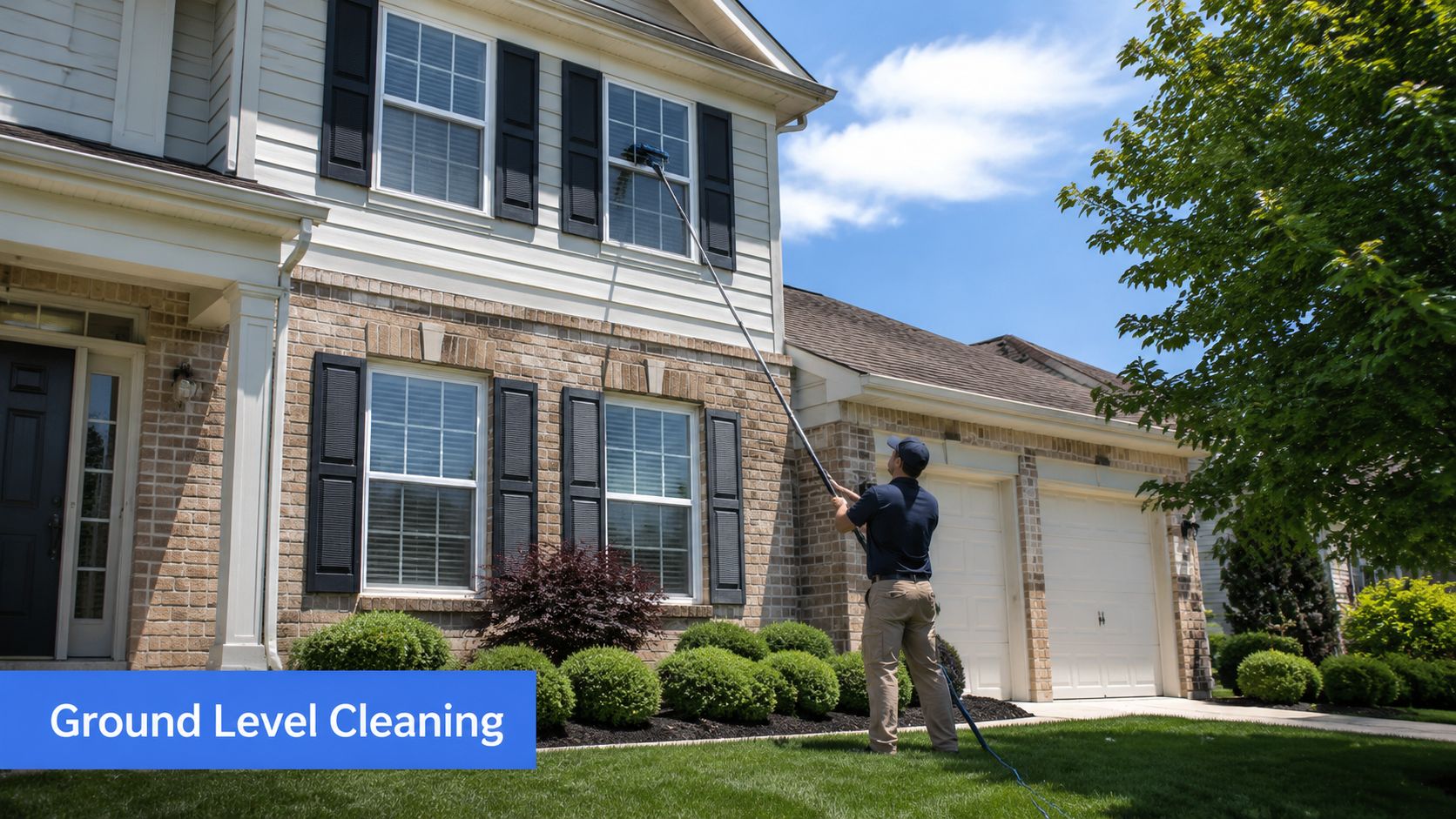 A professional cleaner uses a long-reaching water-fed pole to wash second story windows from the ground.