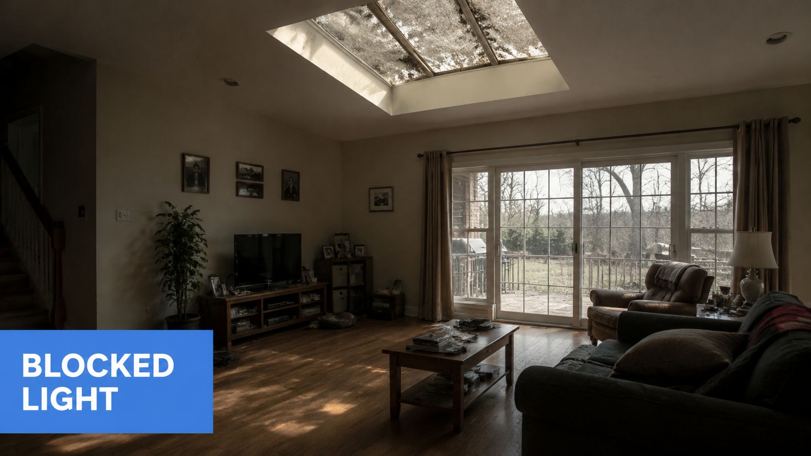 A living room featuring a large skylight with dirty glass that blocks natural light from entering.