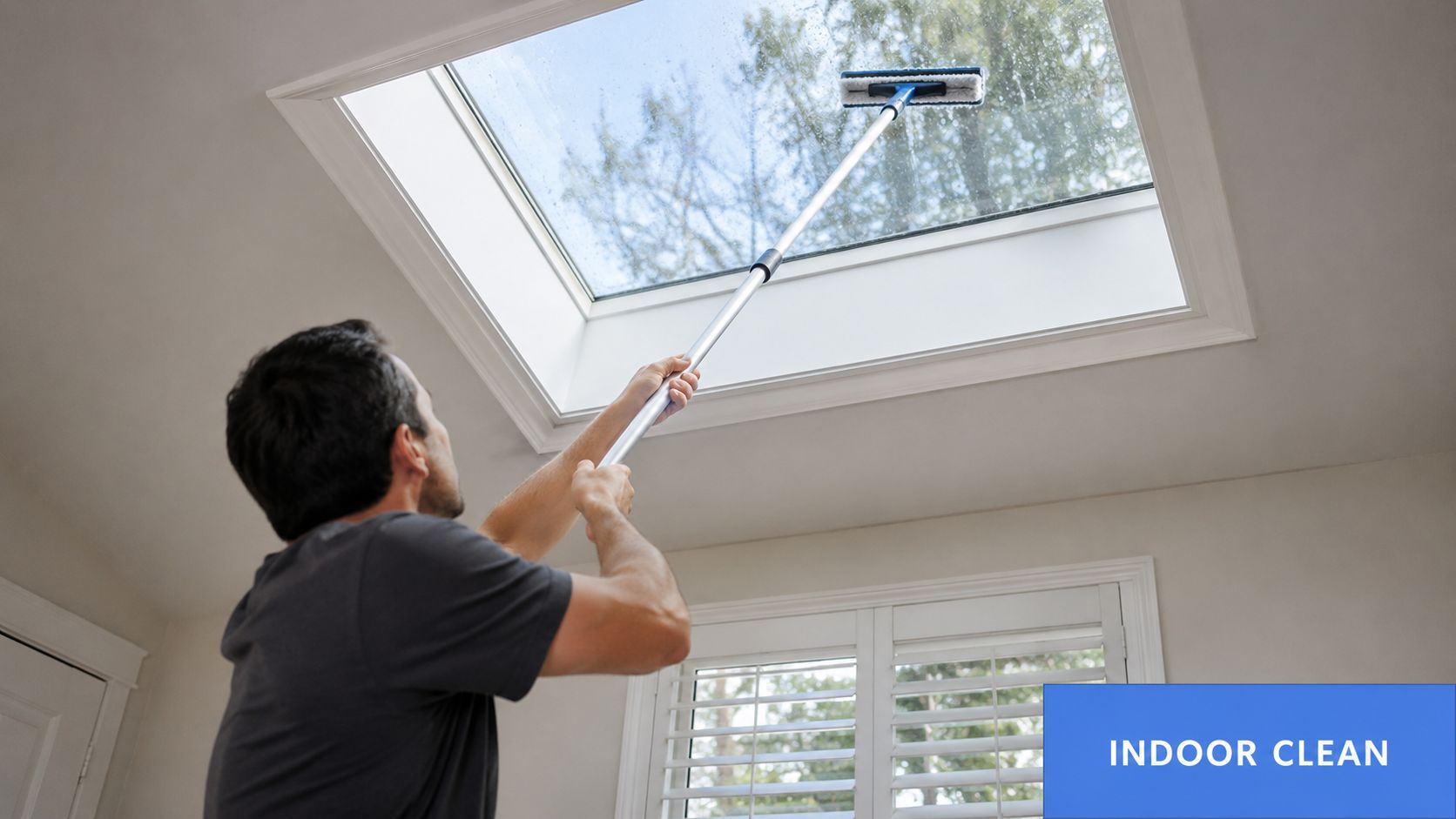 A man using an extended pole and squeegee to clean a skylight window in a room.