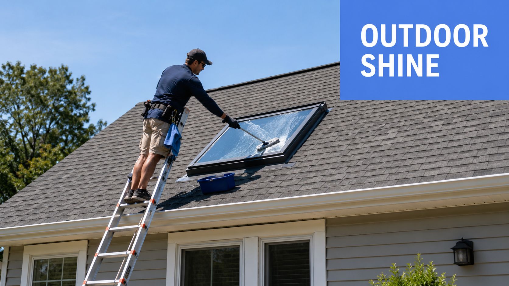 A professional window cleaner climbs a ladder to scrub a skylight on a residential roof.