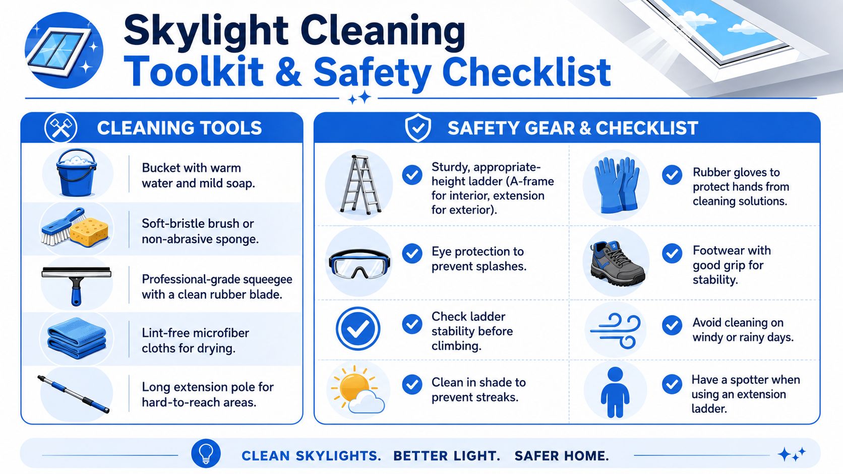 An infographic detailing essential cleaning tools and safety procedures for effectively cleaning residential skylights.