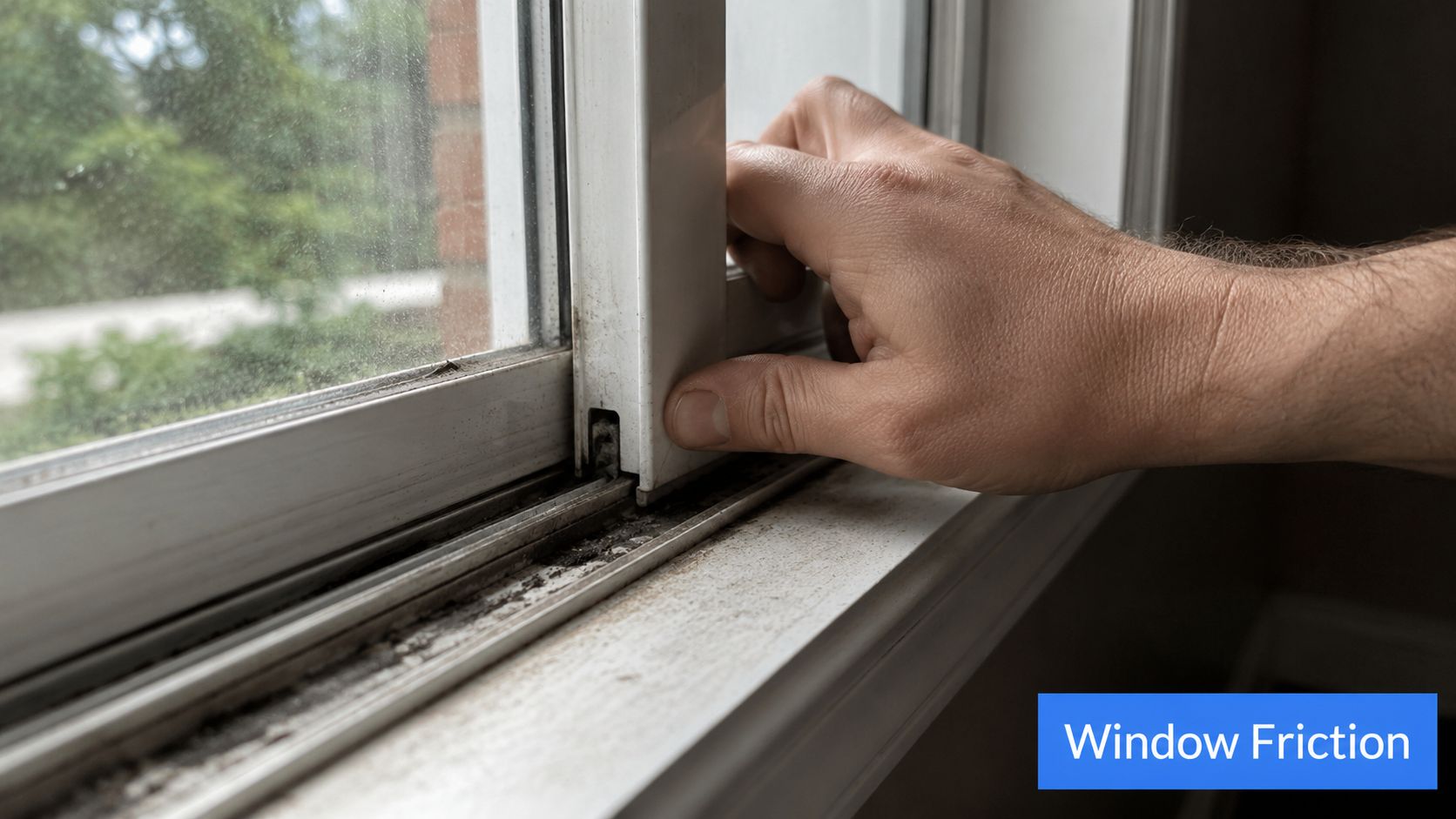 A close-up view of a person hand sliding a dirty sliding window frame along its track.