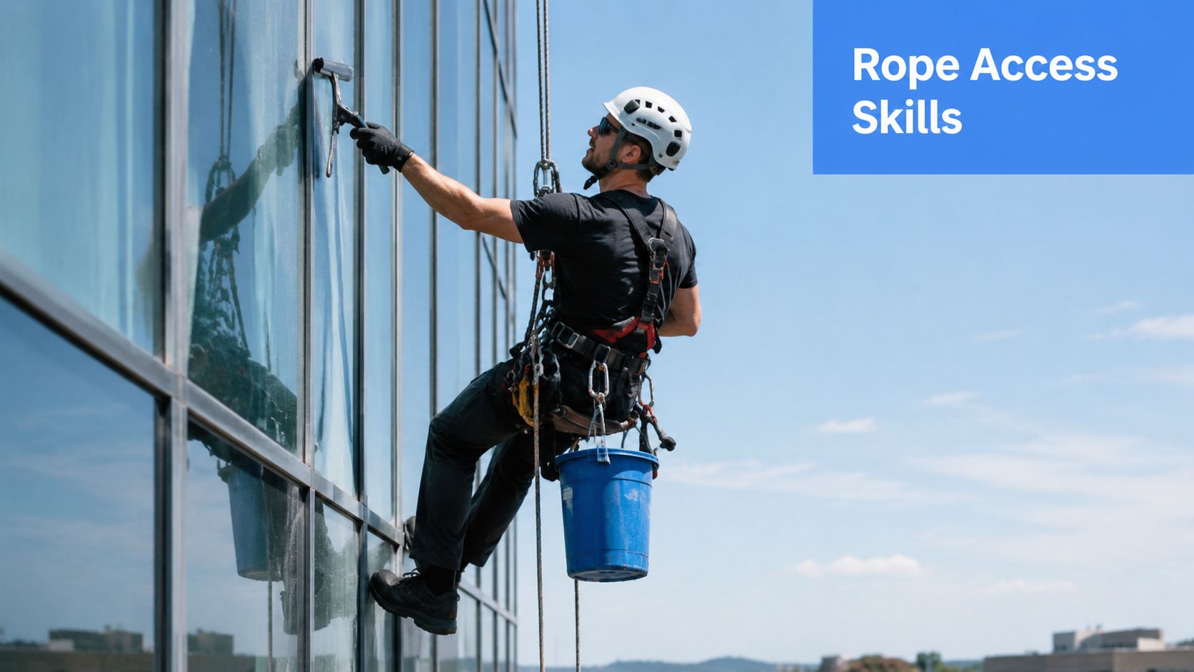 A professional rope access technician wearing safety gear cleaning a glass high-rise building facade.