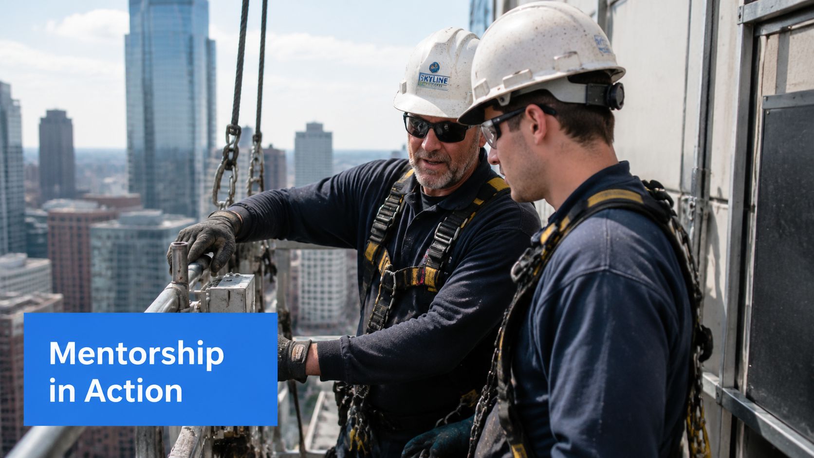An experienced worker mentoring a younger technician on a high-rise building maintenance platform.