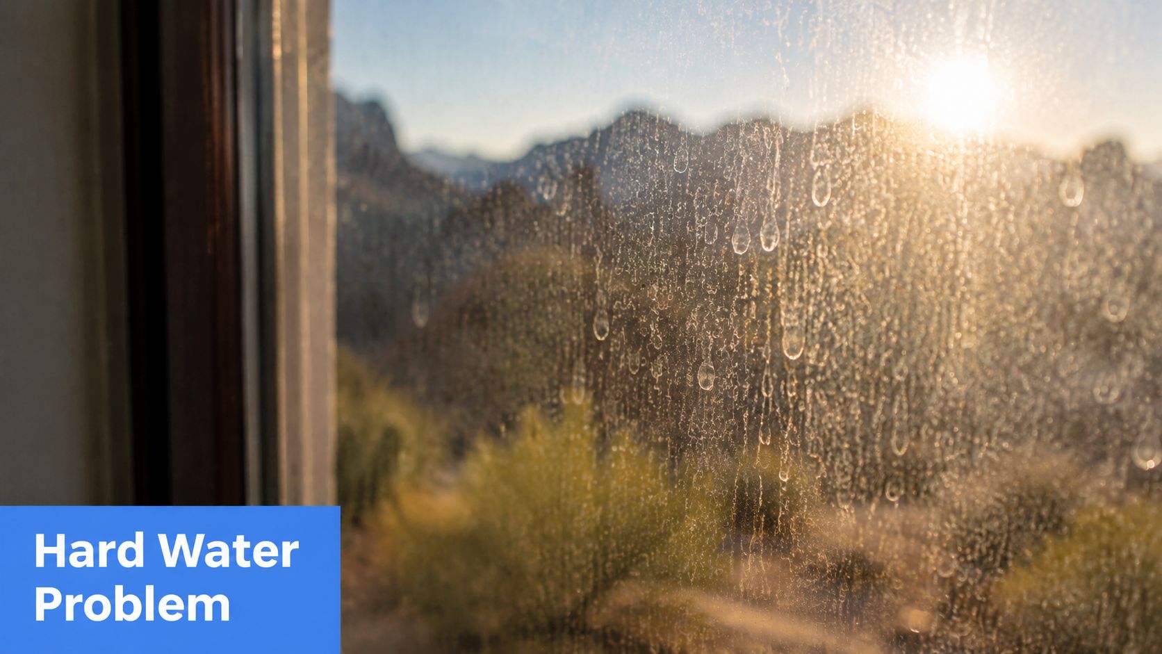 A close-up view of a glass window covered in hard water spots and mineral residue buildup.