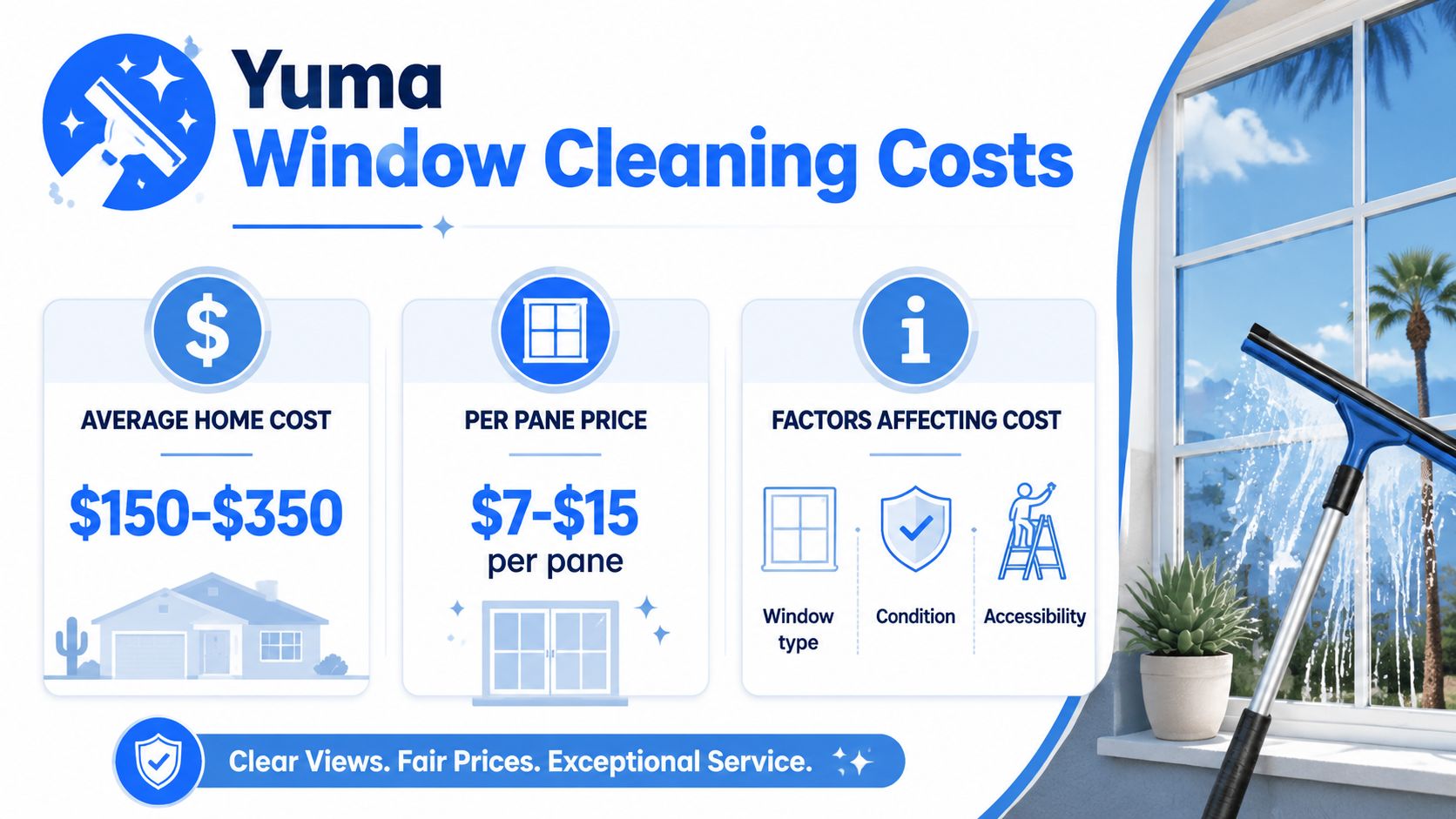 An infographic showing window cleaning cost ranges for residential homes in Yuma, Arizona.