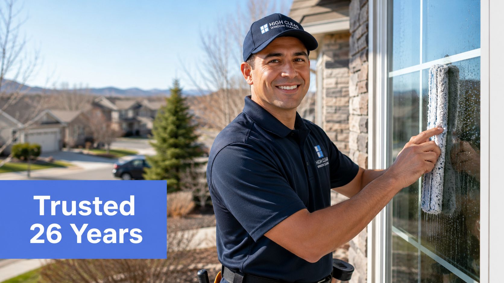A professional window cleaner wearing a branded uniform smiles while cleaning a residential window in Arvada, Colorado.