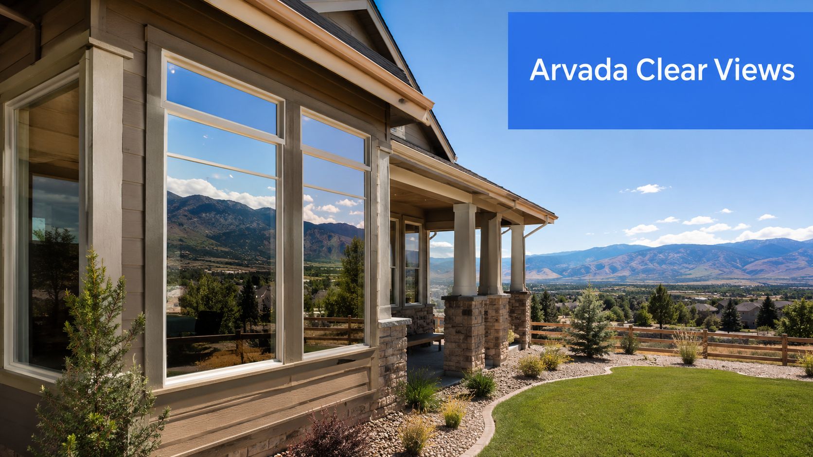 A clean residential window with a clear reflection of scenic mountains in Arvada, Colorado.