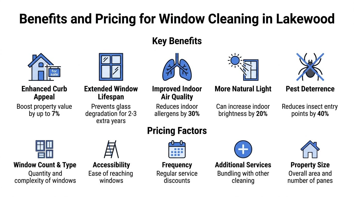 An infographic detailing the benefits and pricing factors for professional window cleaning services in Lakewood.
