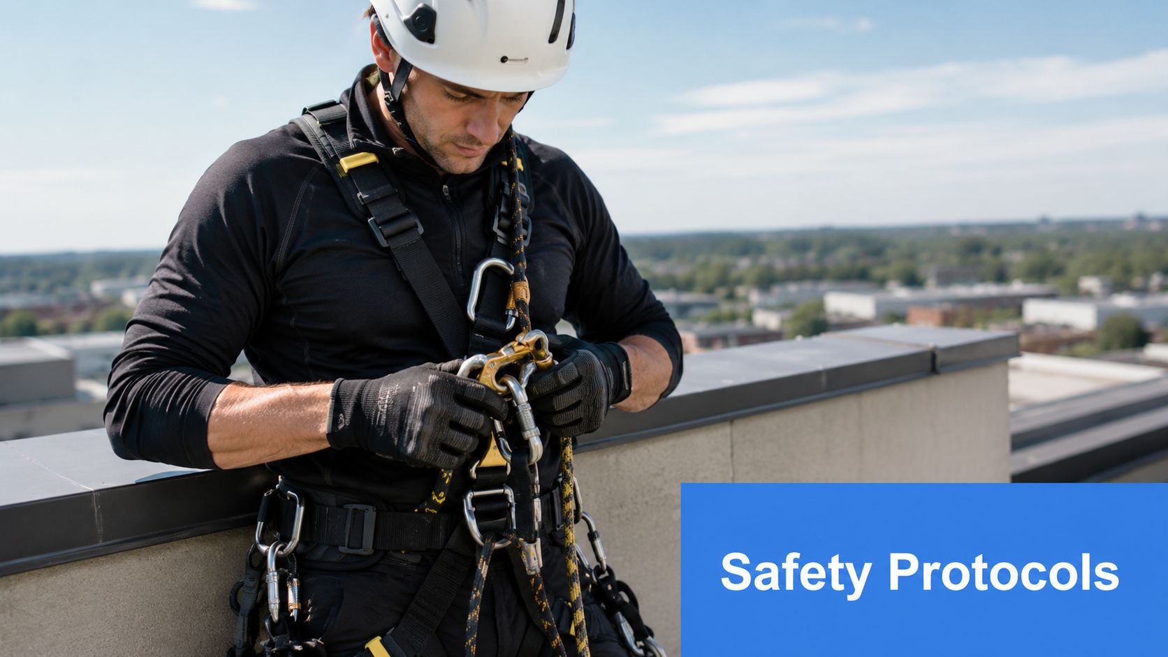 A professional rope access technician wearing safety gear and a helmet preparing equipment on a rooftop.
