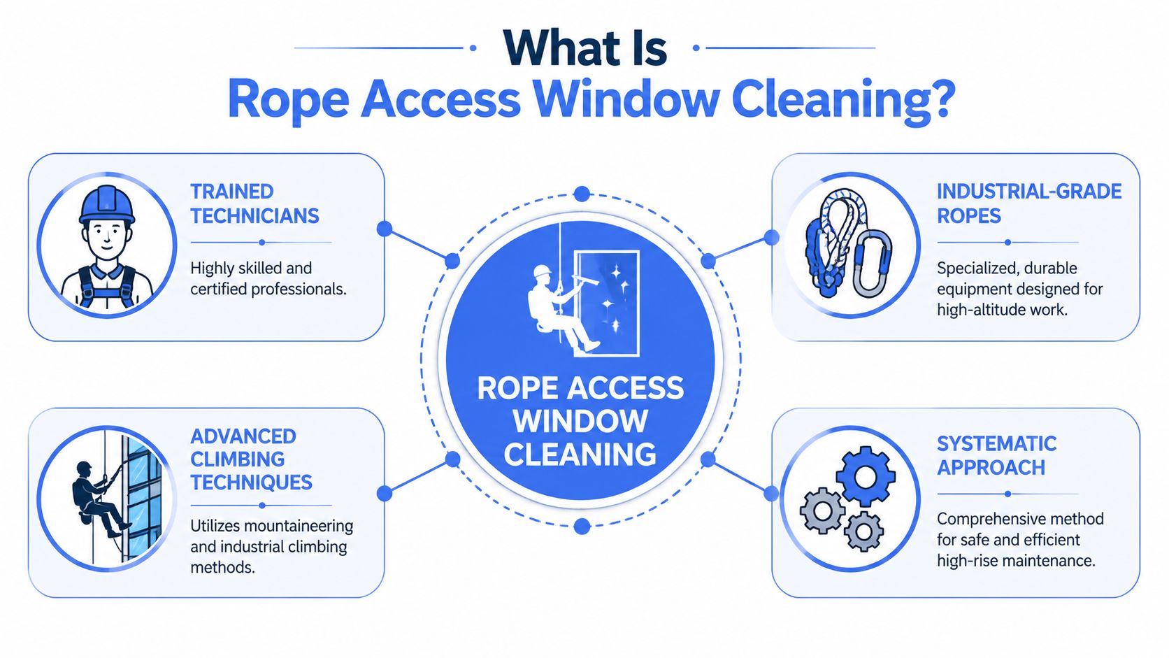 An infographic detailing the components of rope access window cleaning including technicians, ropes, techniques, and systematic approach.
