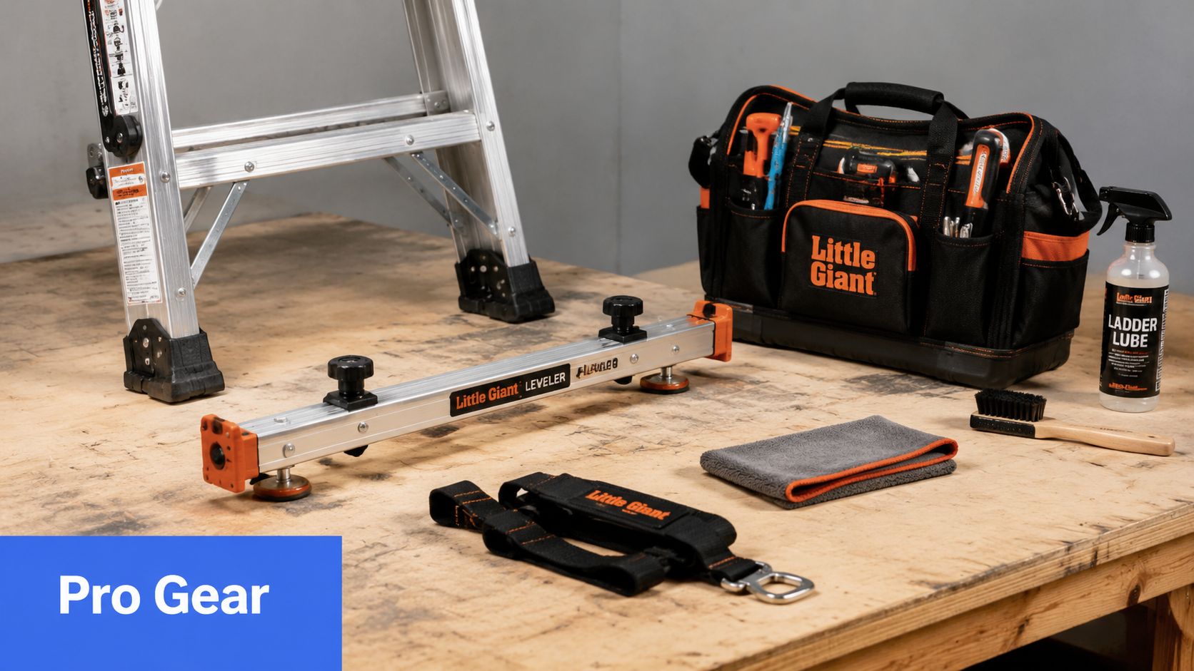 A Little Giant 16 ft ladder accessory leveler, tool bag, and maintenance gear laid out on a table.