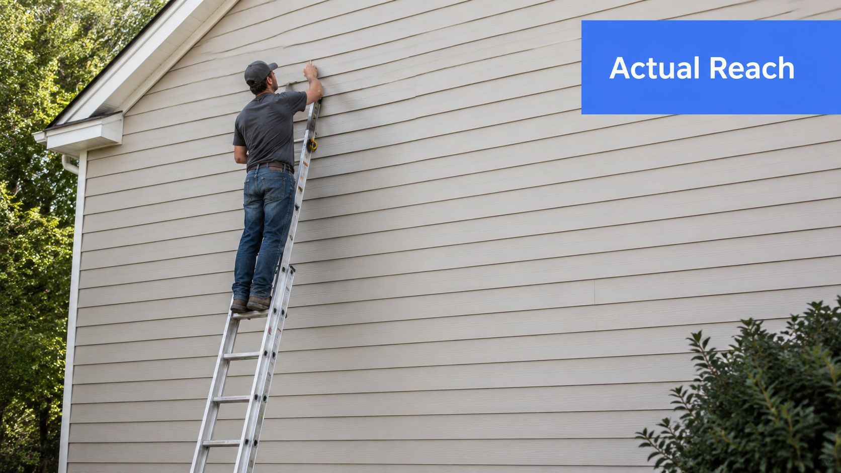 A man stands on a 16 ft ladder while working on the exterior siding of a house.